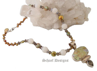 White Fire Agate, Smokey Topaz, & Pearl Necklace with MOP & Topaz Pendant